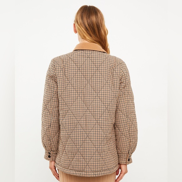 Zara Plaid Quilted Corduroy Collar Tan Cream Black Button Down Jacket Shacket - Picture 10 of 14